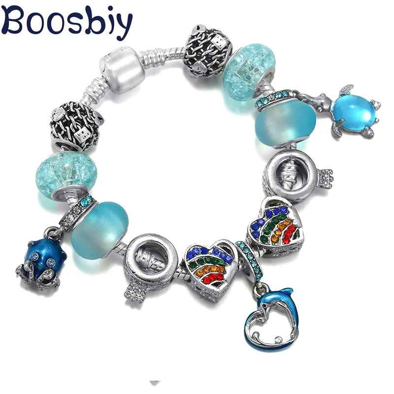 

Blue Dolphin & Octopus & Sea Turtle Charms Beads Bracelets With Pendants Fits Brand Jewelry Gift Bracelet For Women New Arrival