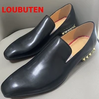 loubuten luxury designer loafers men black genuine leather red bottom shoes with spikes heels fashion italian dress shoes