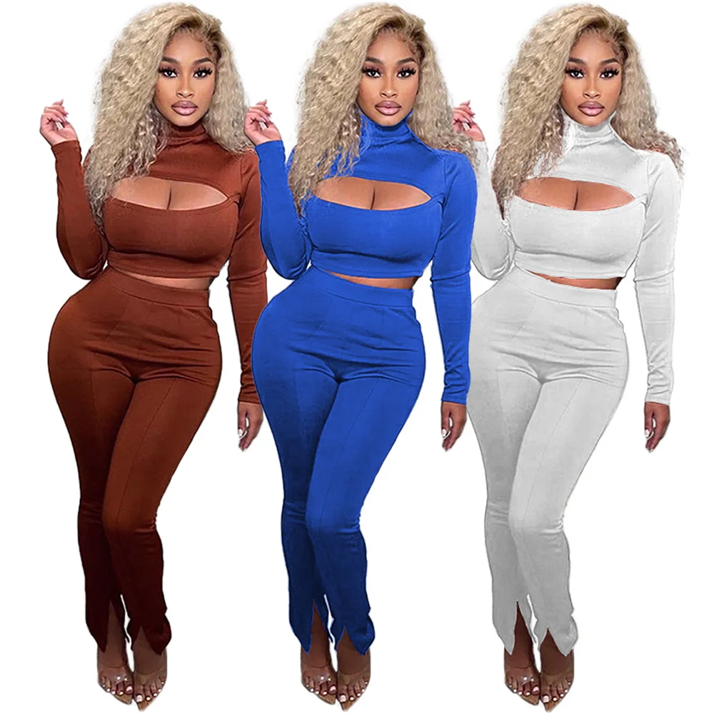 

Женский ажурный комплект из двух предметов, однотонный топ с длинным рукавом и брюки-карандаш с высокой талией и разрезом, осенние женские в...