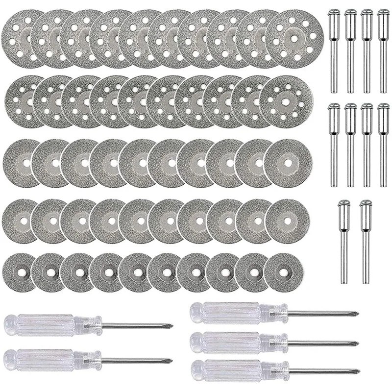 

HOT-50Pcs Diamond Cutting Wheel Coated Rotary Tools (25/22/20/18/16Mm Each 10) With 10 Pcs 3Mm Mandrel And 5 Pcs Screwdriver