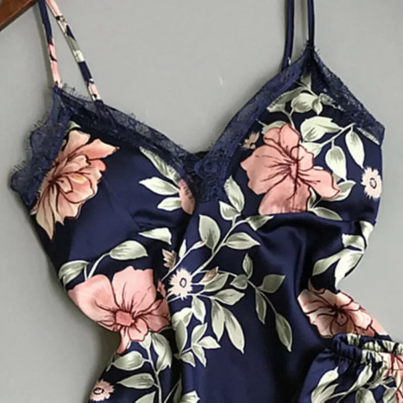 Women Silk Satin Lace Robe Crop Tops Shorts Sleepwear Floral Print Lace Babydoll Nightdress Pajamas Set