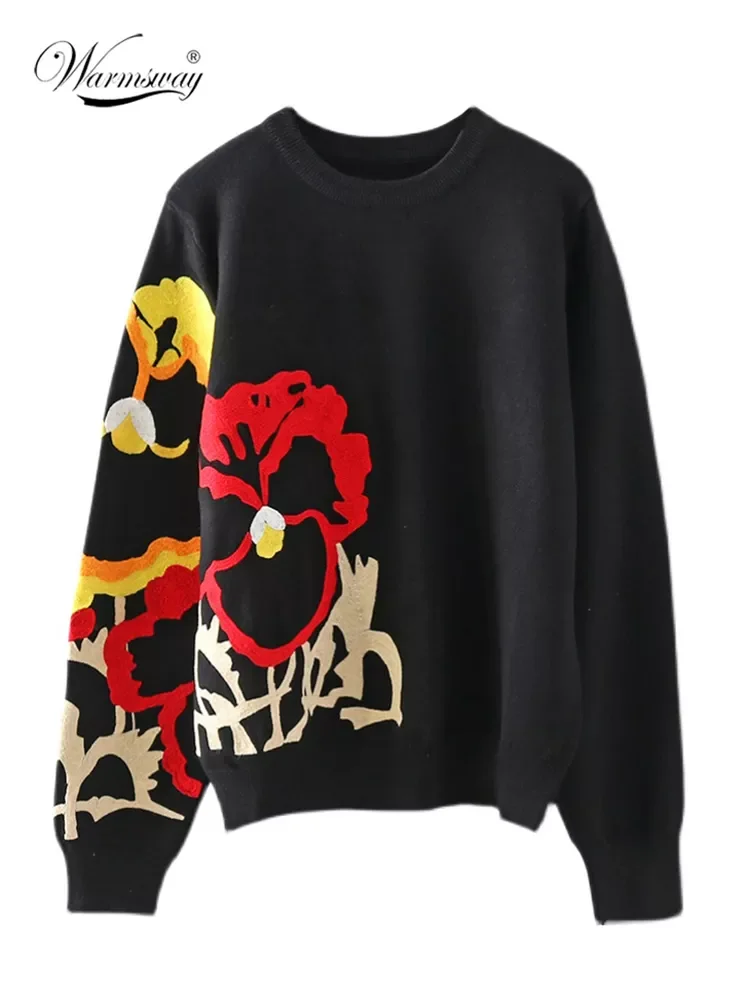 

Black Floral Embroidery Pullover Women Boho Long Sleeve O Neck Autumn Winter Jumper Top Loose Knitted Sweaters C-010