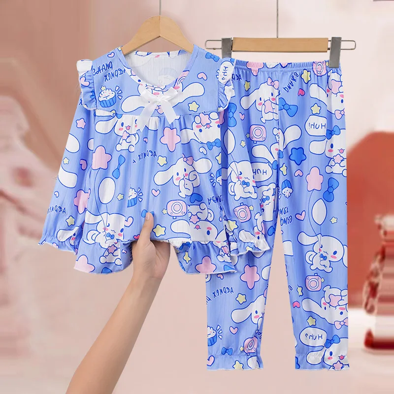 Kawaii Anime Cartoon Sanrio Cute My Melody Kuromi Cinnamoroll Hello Kitty Children's Pajamas Long-Sleeved Set Home Clothes