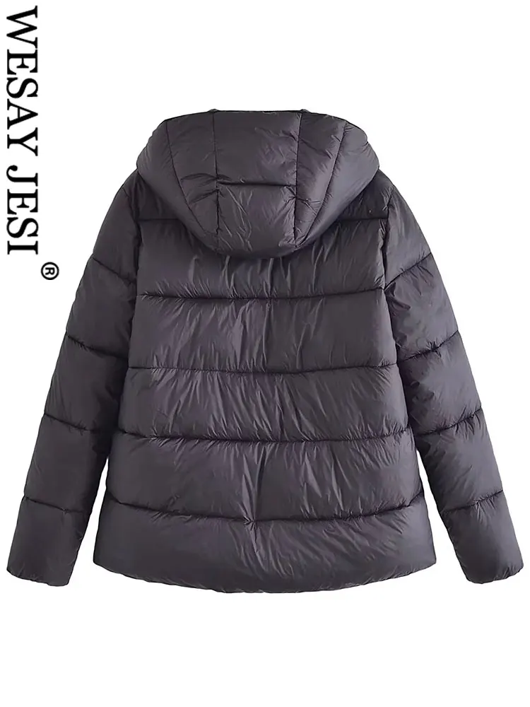 WESAY JESI  Winter Women's Thick Warm Hooded Coats Solid Color Long Sleeve Front Zip Pocket Jacket Female Casual Loose Outerwear