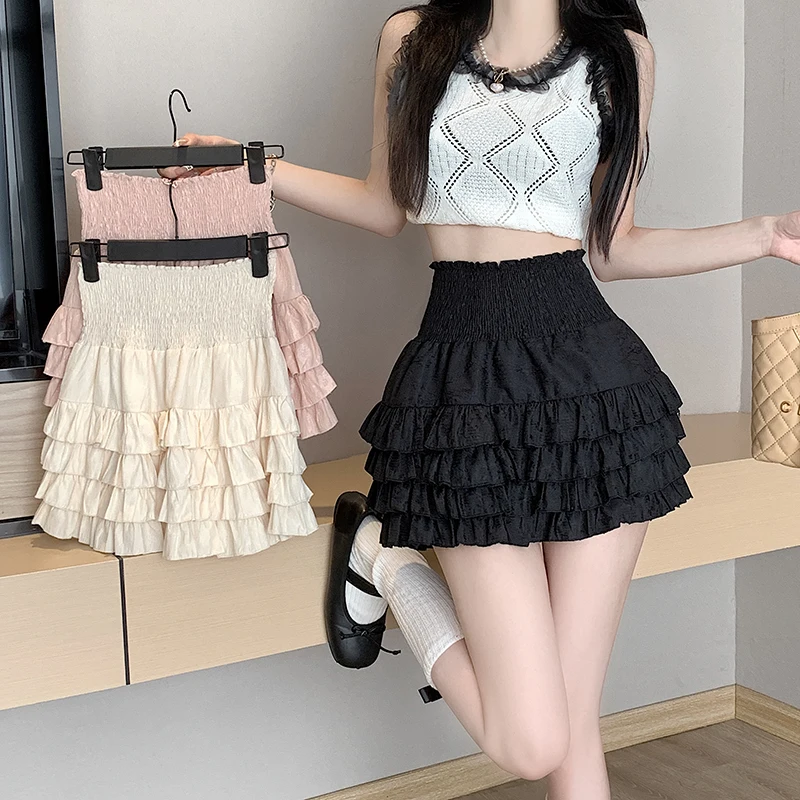 

Women's Ballet Style Beige Cake Multi-layer Short Skirt Summer New Young Girl Casual A-line Fold Waist Shorts Skirts Female