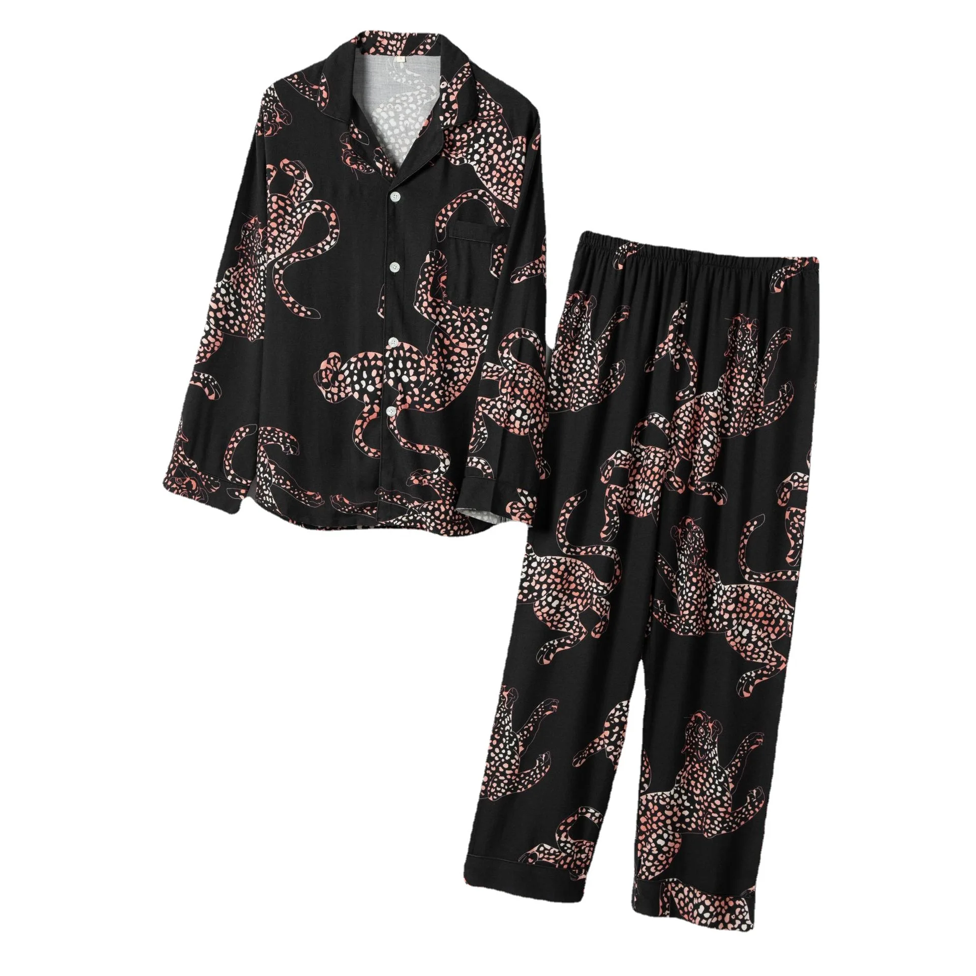 

Spring Thin Leopard Print Men's and Women's Cotton Long-Sleeved Trousers Suits for Couple Pajamas Home Wear Pajamas for Couples