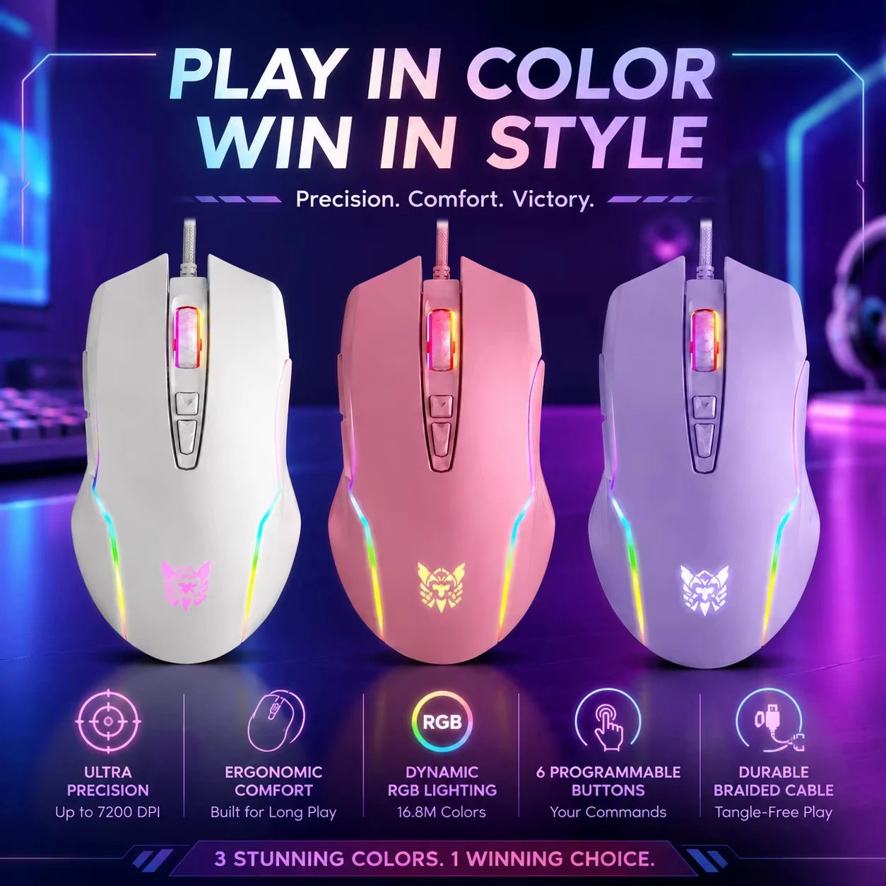 Проводная игровая мышь 6400DPI, 7 кнопок, эргономичная, с RGB-подсветкой, оптическая, для ПК, ноутбука, настольного компьютера, геймеров, розовая, белая, фиолетовая (art.: 3920db1643ca3) - 3920db1643ca3