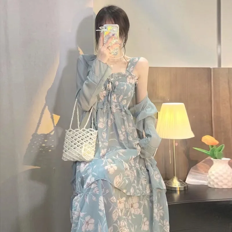 

Ladies Summer Tunic Dress Casual Plaid Dresses French Chiffon Long Dress Fragmented Flower Strap Dresses Cardigan Two Piece Set