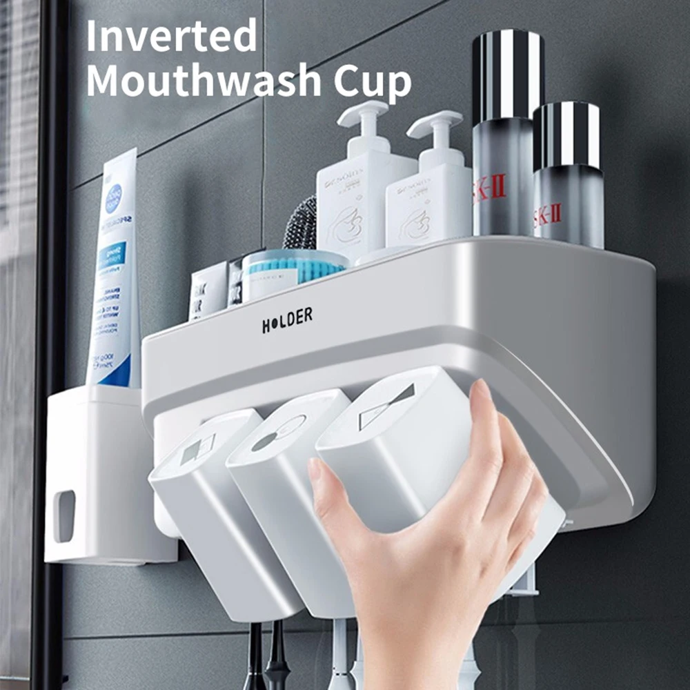

Bathroom Storage Rack Bath Storages Wall-Mounted Toothbrush Holder Punch-Free Storage Rack Family Model With Toothpaste Squeezer
