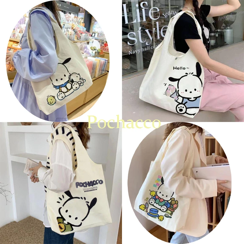 

Kawaii Sanrioed Anime Pochacco Canvas Shoulder Bag Cartoon Cute Backpack Vintage Handbag Shopping Bag Halloween Christmas Gift