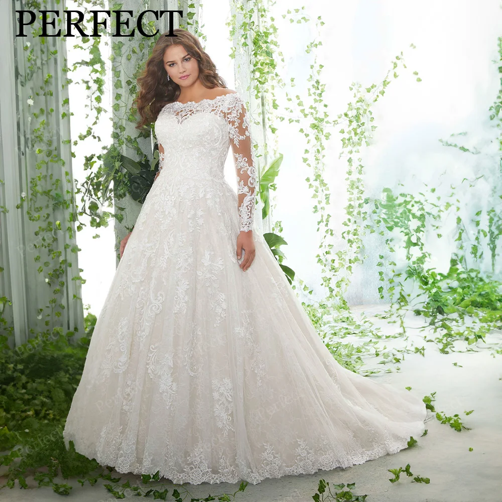 

PERFECT Elegant Wedding Dress High Neck Appliques A-line Bridal Gowns Long Sleeves Tulle Illusion Back Vestidos De Novia