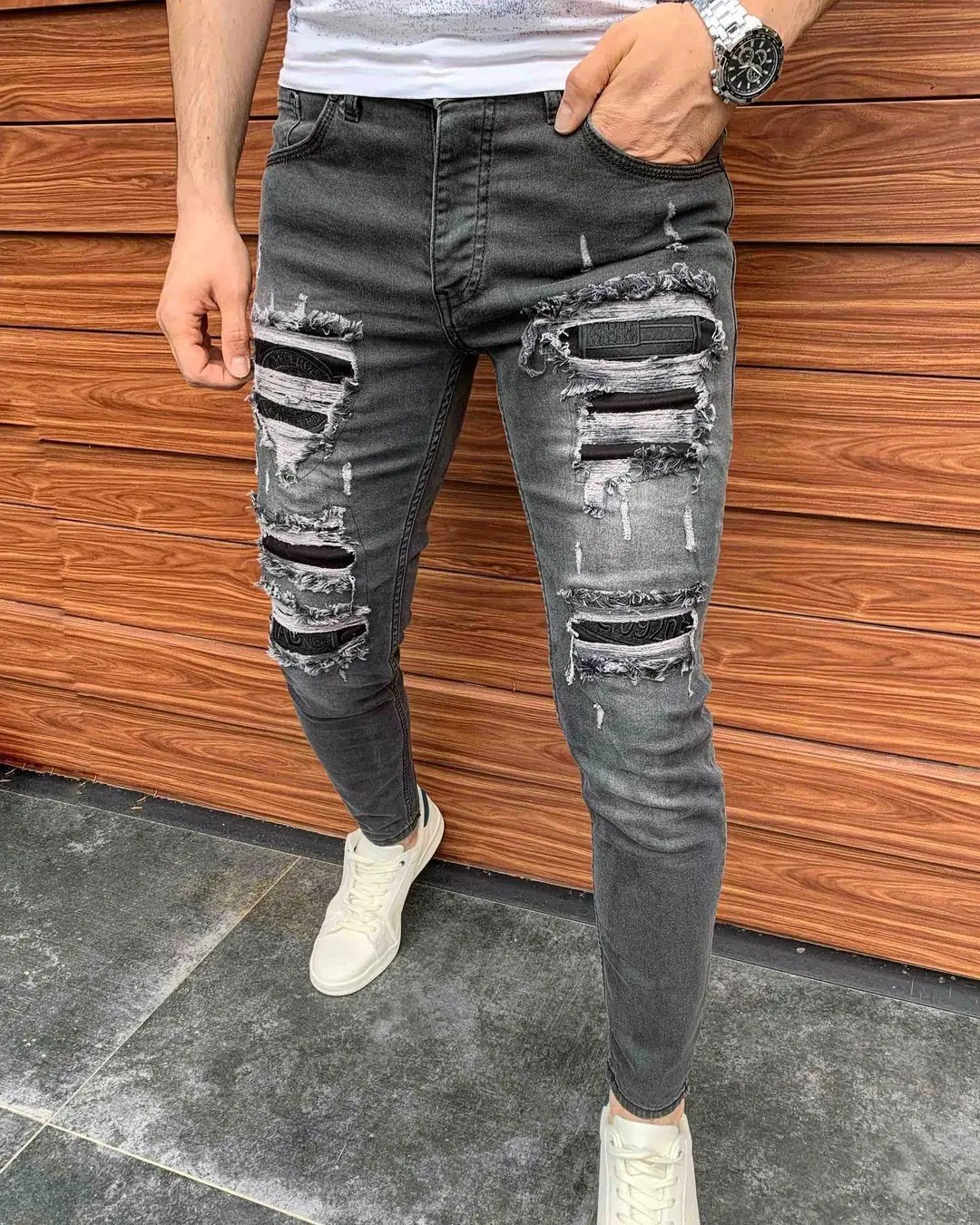 New Men Jeans Youth Korean Version Hole Slim Fit Patch Casual Pencil Pants Men Fashion  Patchwork Jeans Boyfriend Jeans