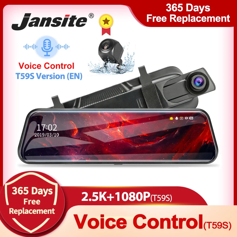 Jansite 10" 2.5K Car DVR Touch Screen Video Recorder Dual Lens Rearview Mirror Dash Cam Front and Rear Camera Voice Control