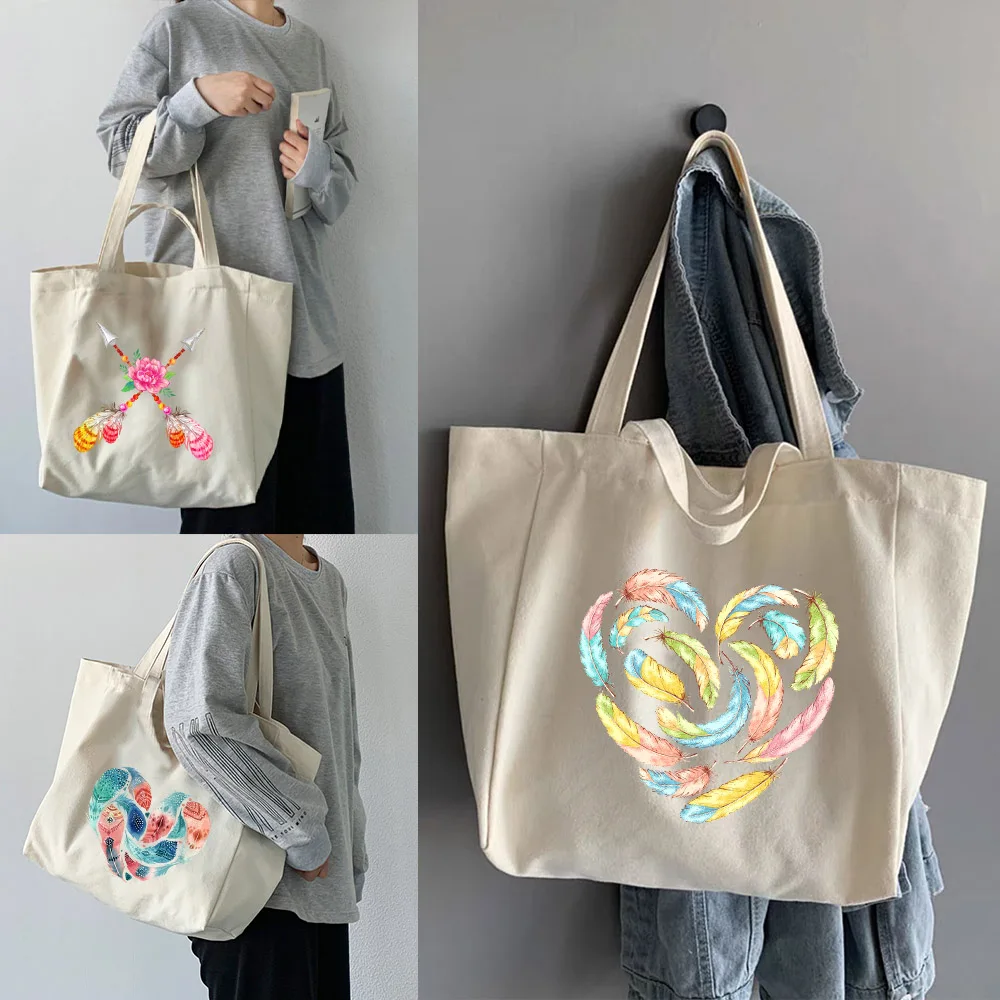 

Ladies Shoulder Bags Large Capacity School Trend Canvas Tote Bags Shopping Bags Foldable Feather Series Pattern Shoppers Handbag