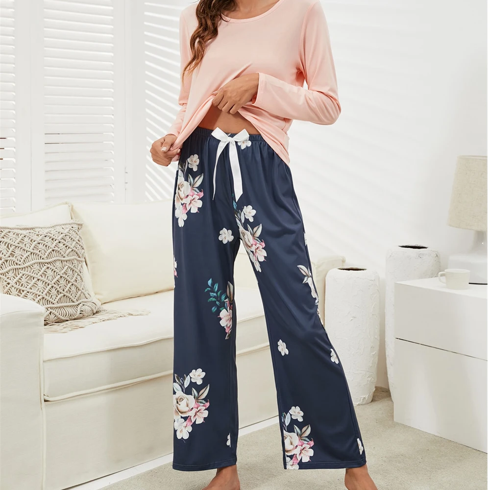 New Floral Printed Pyjama 2PCS Sleepwear Female Casual Round Neck Long Sleeve Elastic Waist Nightwear Retro Women's Pajamas Sets