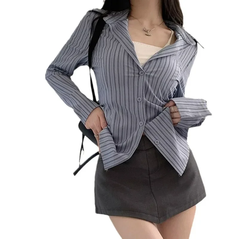 Новинка 2024 синяя полосатая куртка-рубашка с длинными рукавами женская