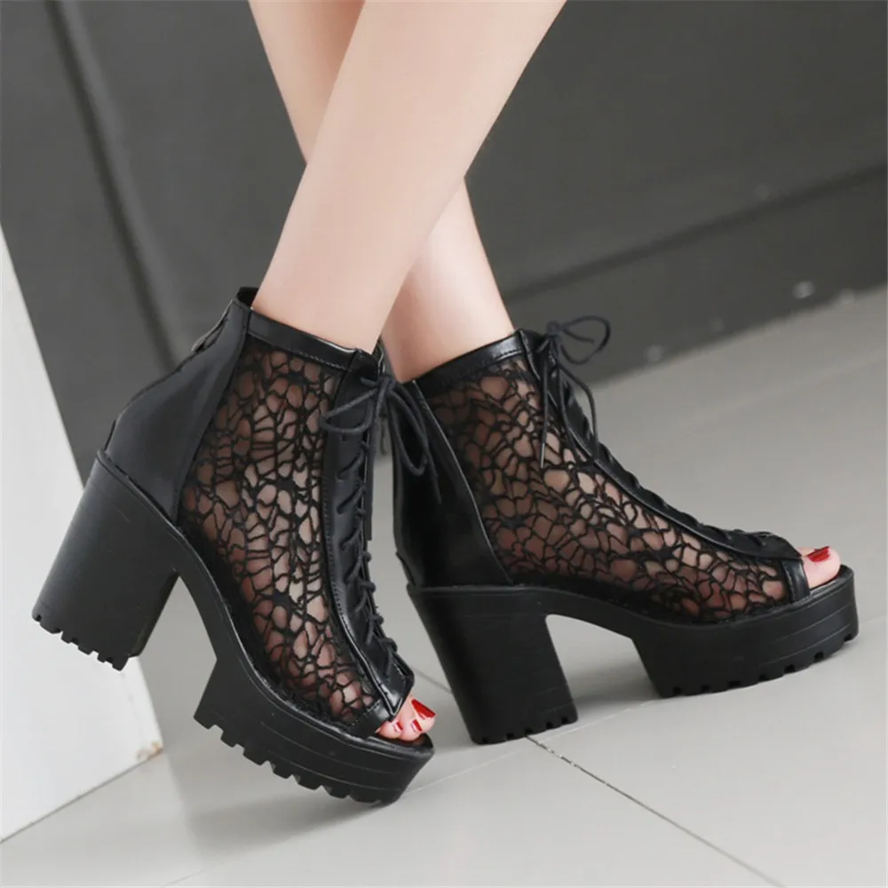 Peep Toe Mesh Summer Lace-up Women Cool Boots Sandals 2023 New Designer Platfrom High Heels Pumps Thick Bottom Ladies Shoes