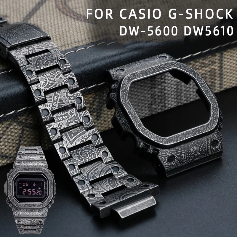 Stainless Steel Vintage engraving pattern For Casio G-Shock DW-5600 DW5610 Luxury watch Strap Bezel Frame Watchband Metal Case