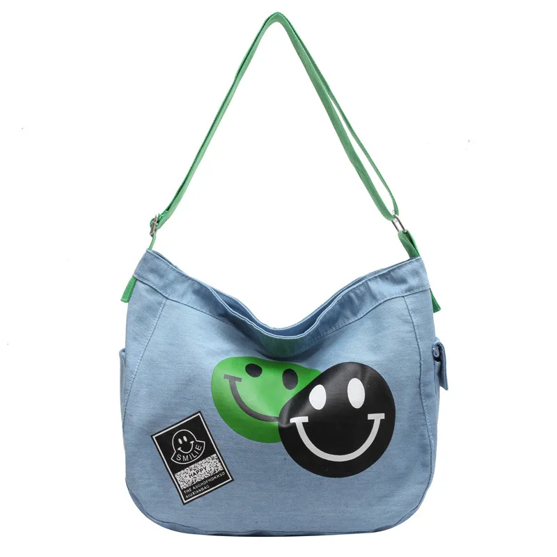 2023 New Canvas Female Korean Smiley Cartoon Crossbody Female Student Large Shoulder Underarm Bag