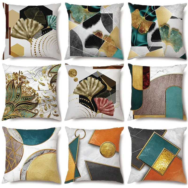 45x45cm Ginkgo Biloba Leaf Polyester Cushion Cover Luxury Golden Geometry Waist Pillow Case Living Room Chair Sofa Home Decor - купить по
