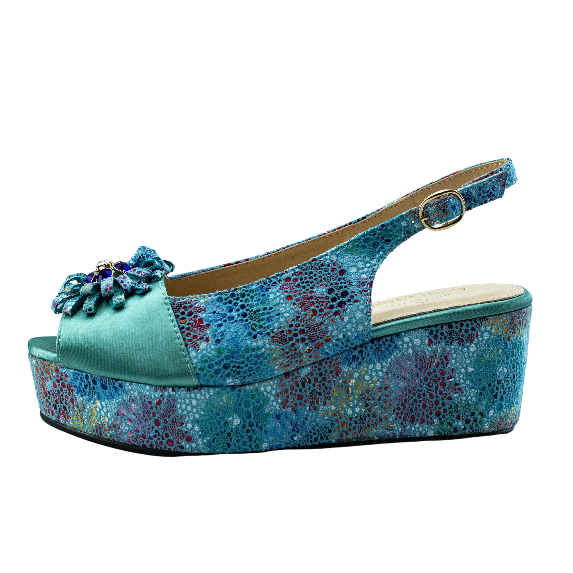 

Italy Style Fashion Designer Wedge Shoe Summer Slingbacks Flower Decor Peep Toe Comfy Sandal Chunky Shoe Thick Sole Print Shoe