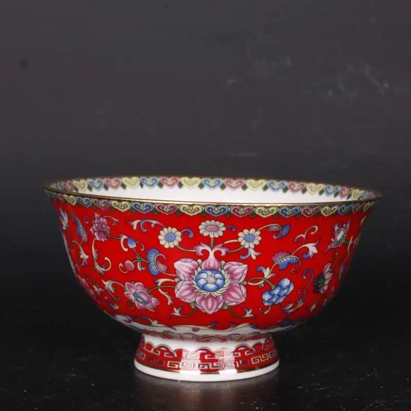 

Фарфоровая чаша Qing Qianlong с изображением китайских красных цветов, 4,72 дюйма