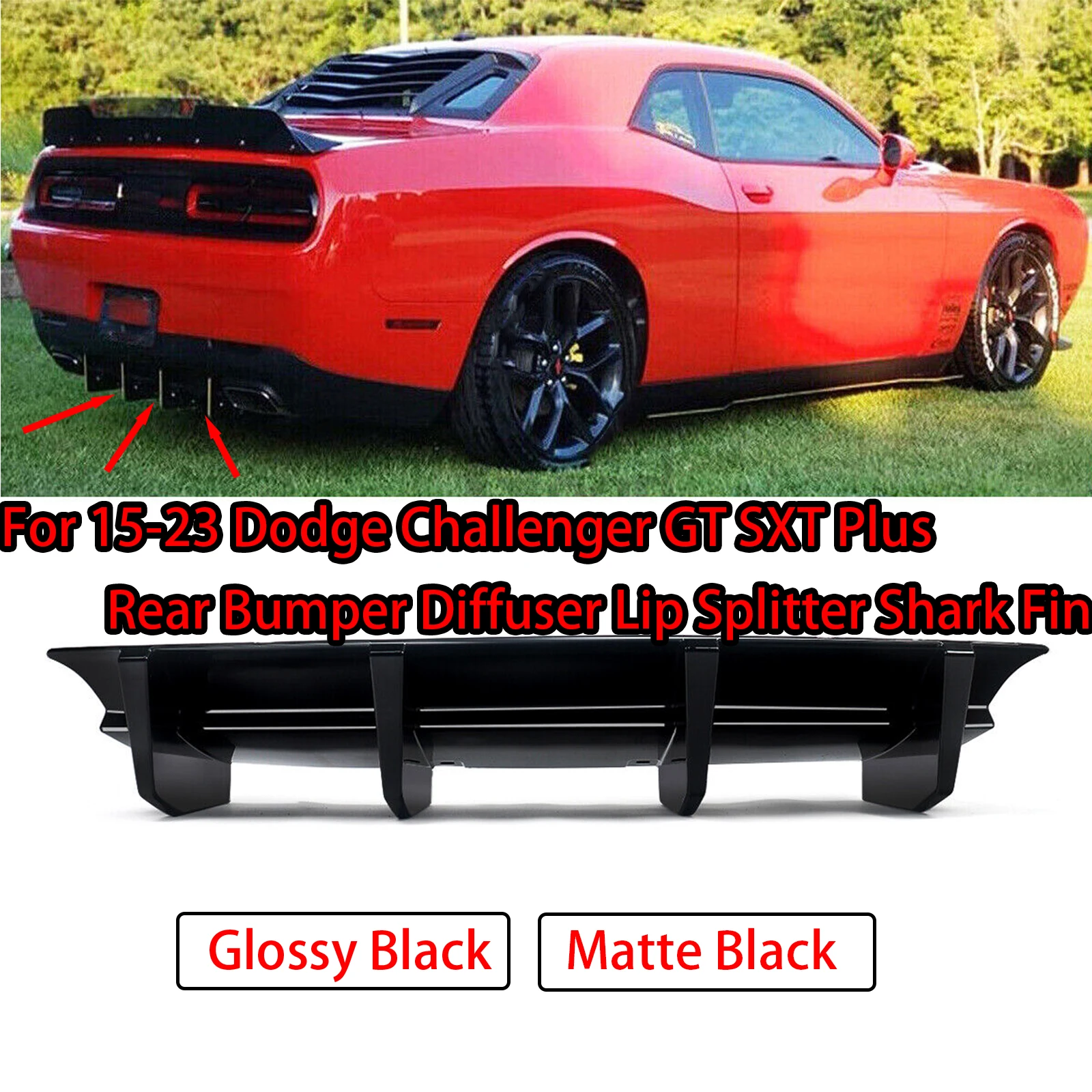For 15-23 Dodge Challenger GT SXT Plus Rear Bumper Diffuser Lip Splitter Shark Fin Spoiler