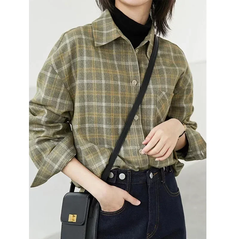 Винтажная зеленая клетчатая рубашка с лацканами женская коллекция ранней осени