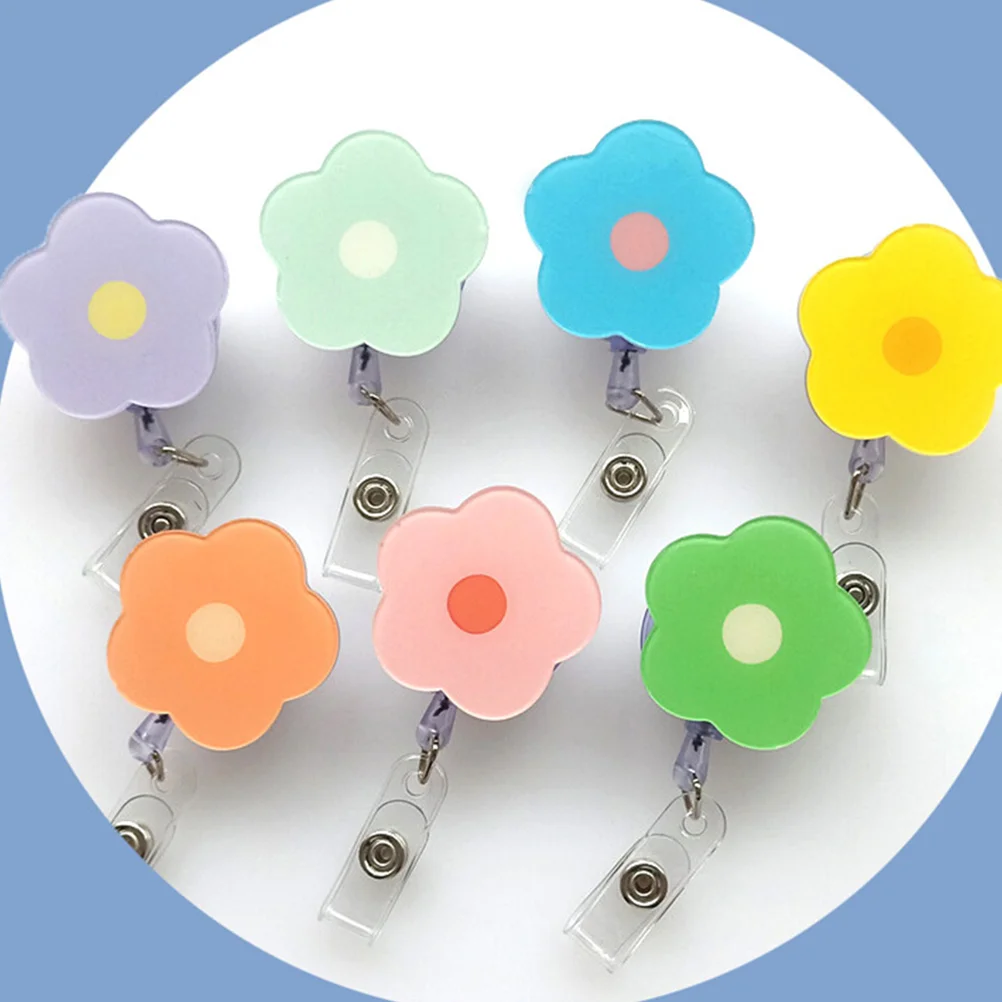 

6 Pcs Flower Easy Pull Buckle Badge Buckles Tabs ID Card Holder Cute Metal Convenient Retractable Holders Clip Work Tag