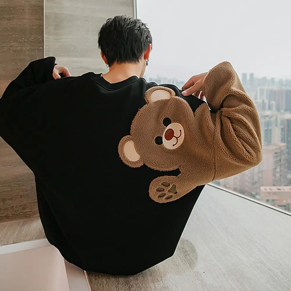 

Plus Velvet Thick Autumn And Winter Round Neck Long-Sleeved Comic Sweatshirt Lamb Embroidery Bear Lazy Style Loose Flocking