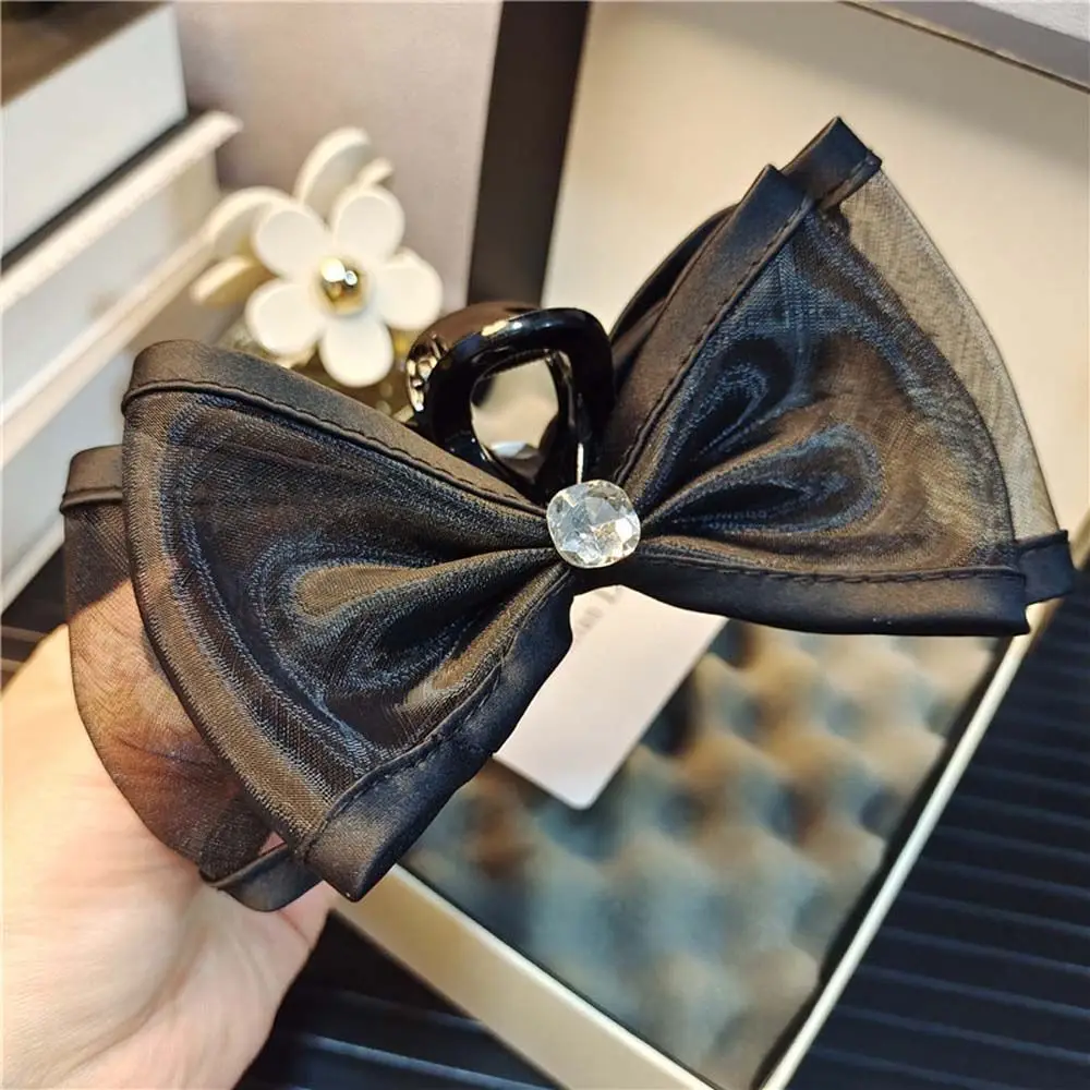 

Trendy Black Mesh Bow-knot Design Hair Claws Shiny Square Rhinestone Inlaid Hair Clasp Women Wash Face Large Shark Clips