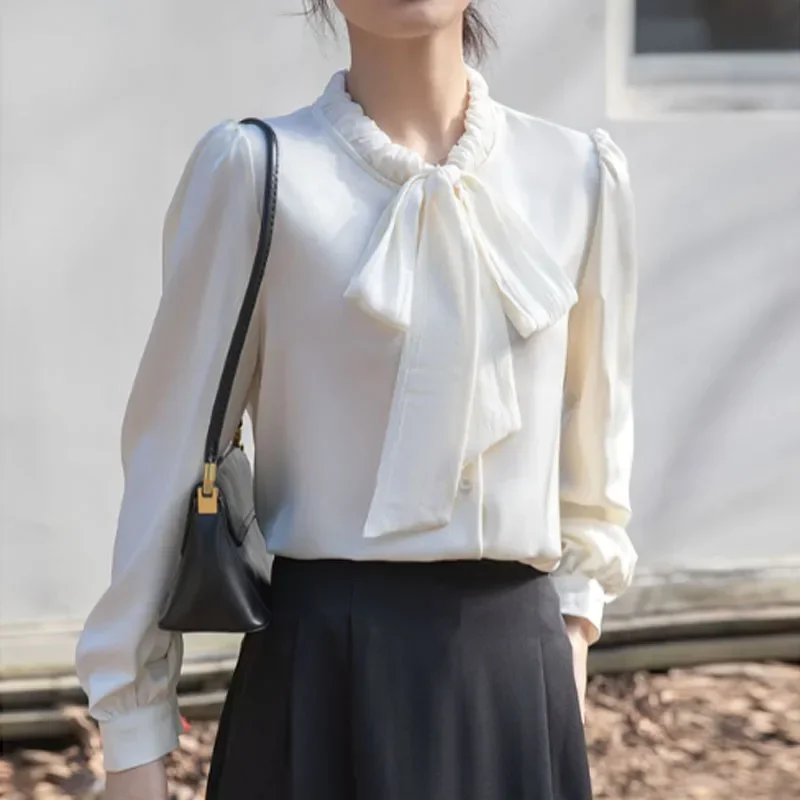 Модная женская рубашка с бантом и воротником однотонная длинным рукавом блузка