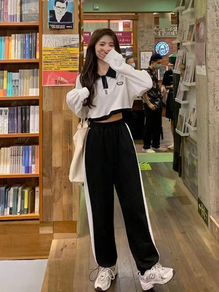 

Women Casual Suit Jogger Sports Wear 2022 Spring New Student High Waist Short Polo Crop Top + Fashion Sweatpants Two-piece Sets