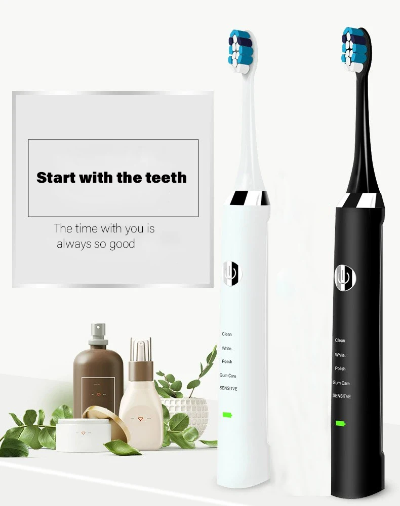 Electric Toothbrush Rechargeable Black White Sonic Toothbrush Oral Hygiene Ipx7 Waterproof Water with Replacement Brush Head Pre enlarge
