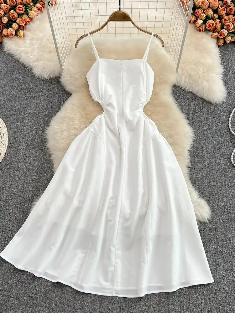 

Платье ZCWXM женское средней длины на бретелях-спагетти, пикантное белое винтажное пляжное с ажурной талией и высокой талией, в стиле бохо, лет...