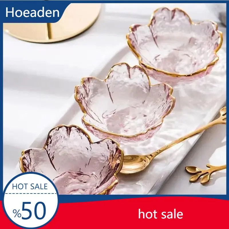 

Small Glass Dish Nordic Style Gold Inlay Glass Sauce Bowl Mini Japanese Cherry Blossoms Seasoning Plate For Ice Cream Fruit Sala