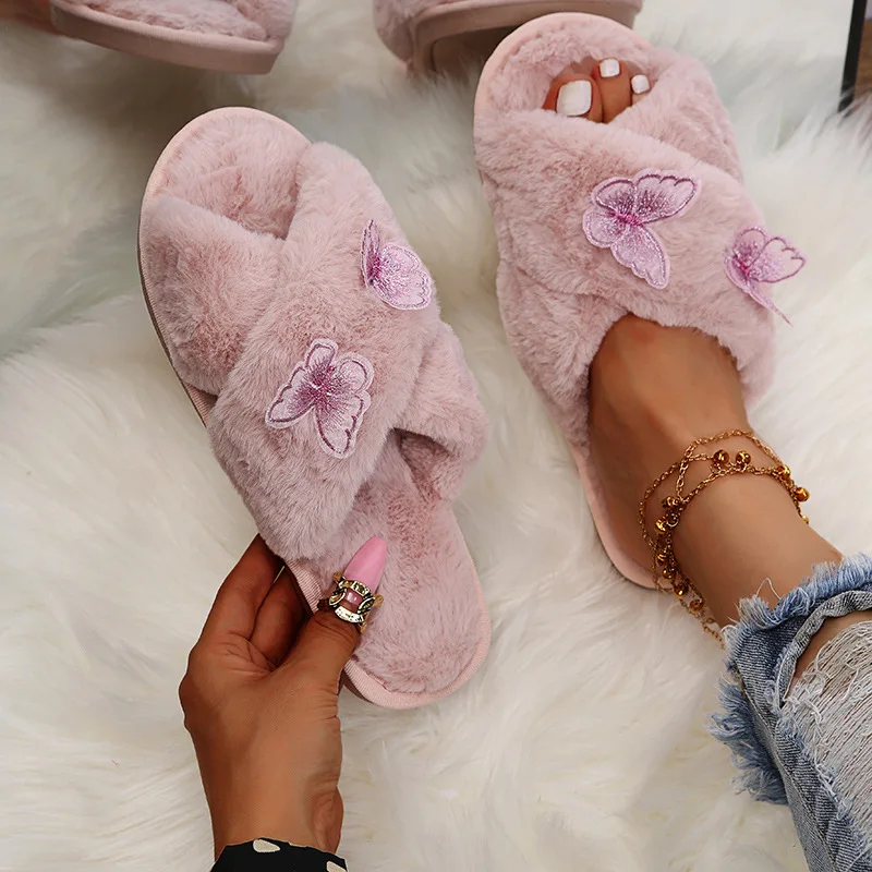 Women's Winter Shoes Faux Fur Girls Flat with Cute Fluffy Butterfly Slippers for Home