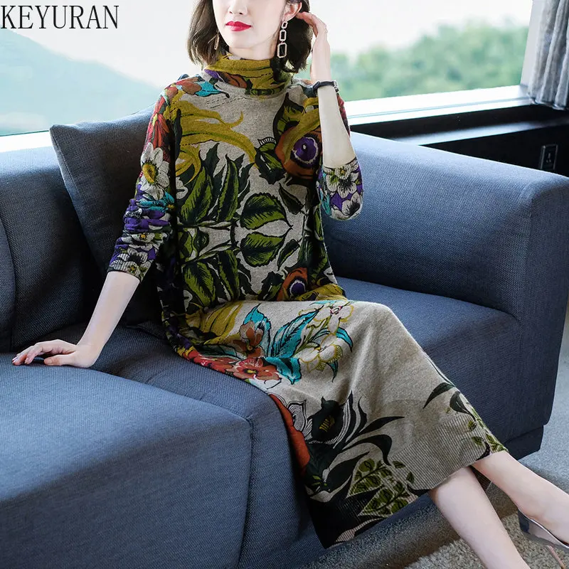 

Женское трикотажное платье-свитер, Длинное свободное трикотажное платье из кашемира до середины икры с высоким воротником и винтажным цвет...