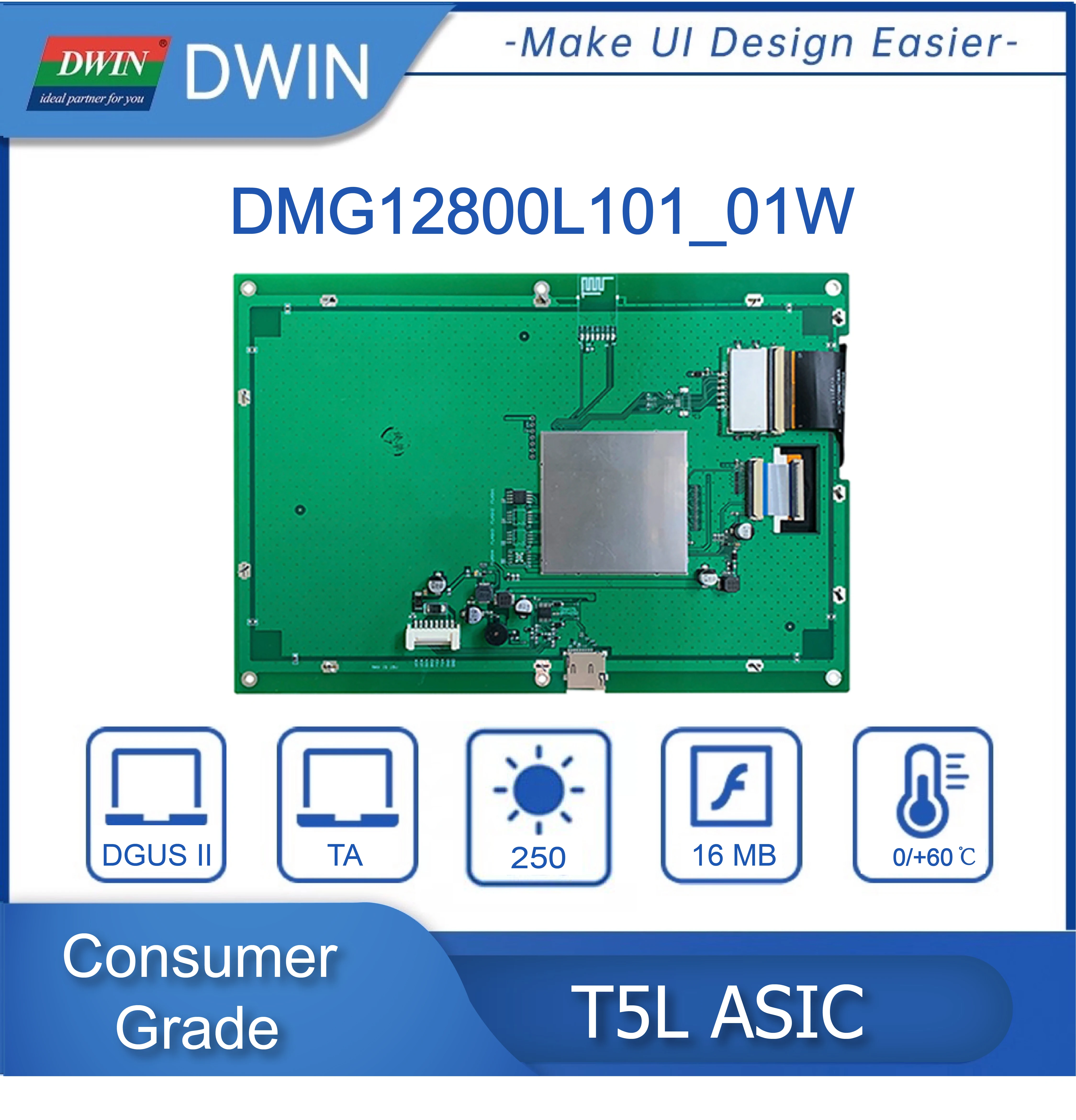DWIN 10.1 Inch 1280x800 TFT LCD HMI Display Module IPS Capacitive/Resistive TTL/RS232 Touch Screen DMG12800L101_01W - купить по