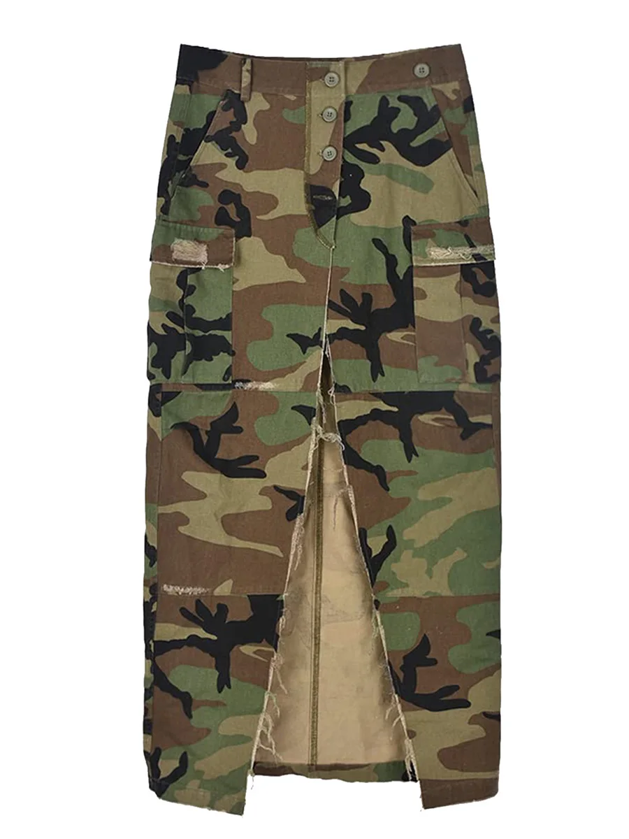 

Women s Sexy Camo Print Midi Skirts Y2K Camo Cargo Skirt High Slit Short Length Casual Skirt wih Pockets