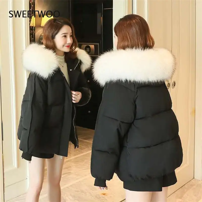 2021 New Winter Jacket Women Coat Big Fur Collar Hooded Warm Parkas Cotton Wadded Coat Snow Wear Thicken Female Jackets Outwear