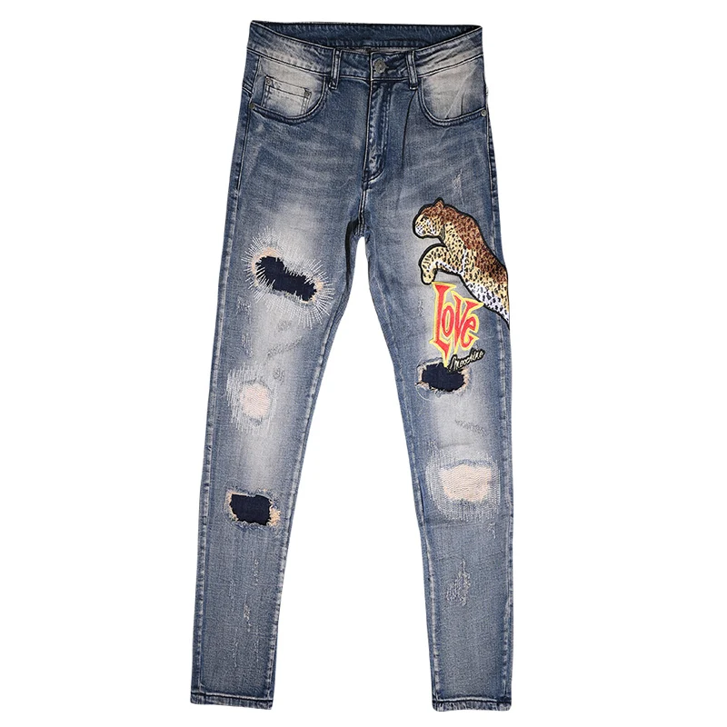 Streetwear Fashion Men Jeans Retro Blue Stretch Slim Fit Vintage Ripped Jeans Men Leopard Patch Designer Hip Hop Pants Hombre
