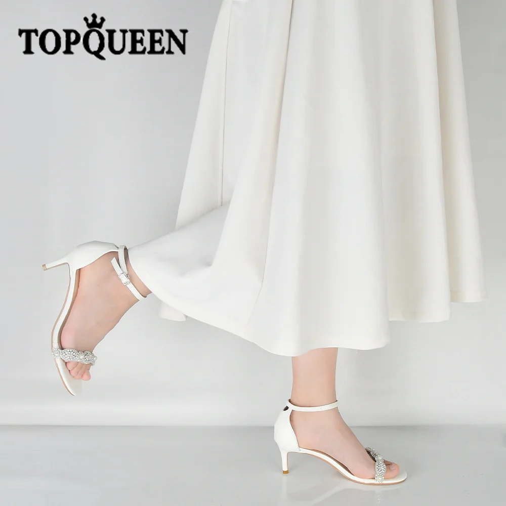 TOPQUEEN Women's Sandals Zapatos High Heels Shoes for Women 2022 Lady Beading Open-toed Diamond Fashion One Word Buckle Toe  A64