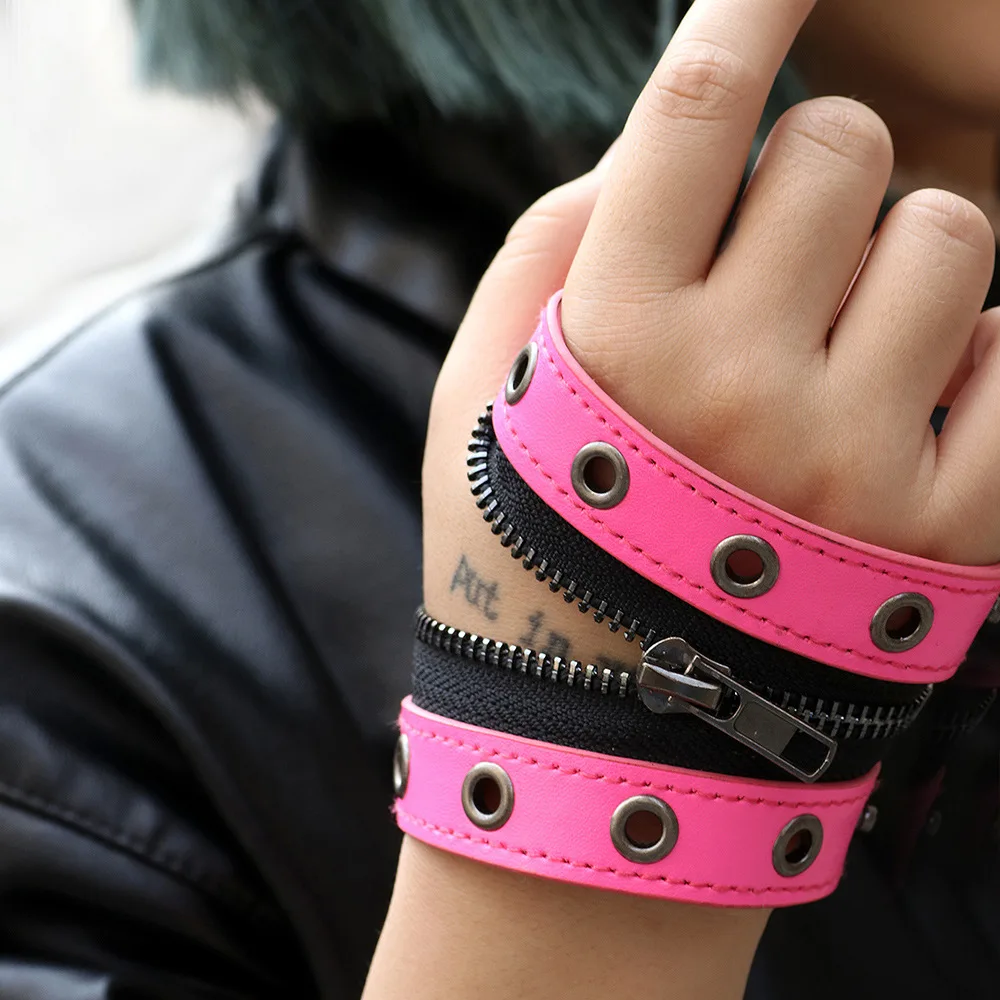 

Charmsmic Unique Design Zipper Punk Style Bracelets & Bangles Mens Women Metal Wide PU Leather Handmade Jewelry