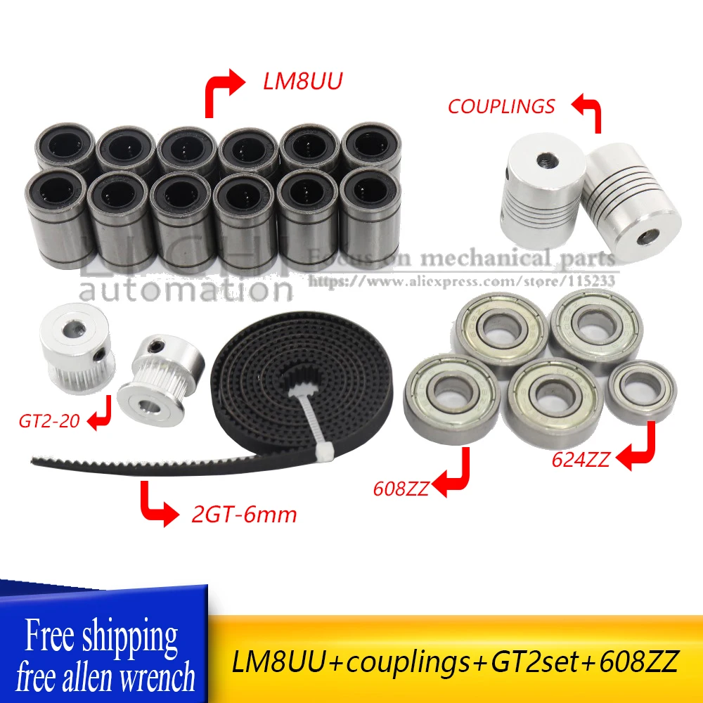

movement kit GT2 belt pulley 608zz bearing lm8uu 624zz bearing &5*5 or 5*8 coupler shaft 3d printer reprap i3