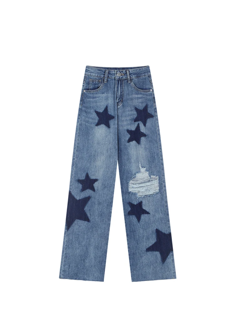 

2022 Autumn Women New High Waist Straight Leg Jean Pants Trend Baggy Star Print Casual Comfort Mopping Ripped Denim Trousers