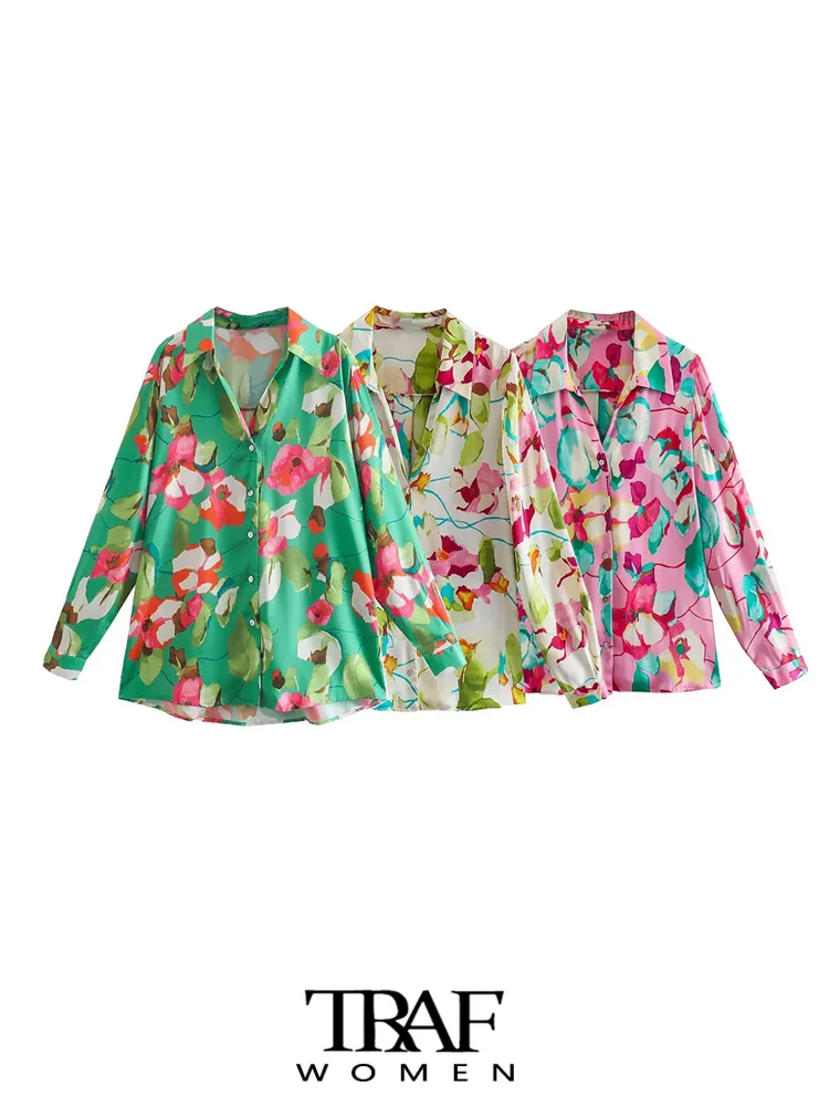 

TRAF Women Fashion Floral Print Loose Satin Shirts Vintage Long Sleeve Button-up Female Blouses Blusas Chic Tops