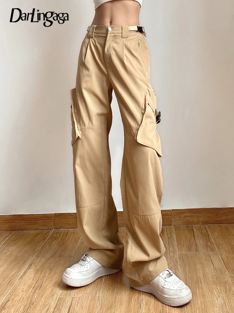 

Darlingaga Casual Khaki Buckle High Waist Cargo Pants Baggy Streetwear Big Pockets Straight Techwear Female Trousers Sweatpants