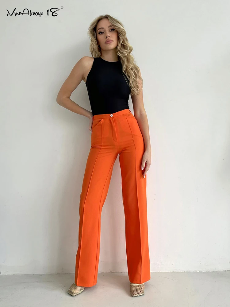

Mnealways18 High Street Sexy Women Bodycon Zip Pants High Waisted Long Pants Straight Slim Fashion Female Pants Orange Pleated