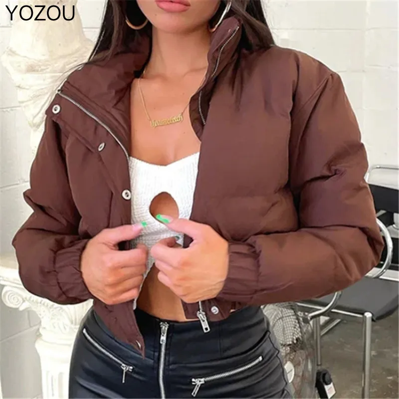 

YOZOU 2022 зимняя теплая коричневая однотонная куртка-бомбер, Женская парка на молнии, короткое укороченное Стеганое пальто, женская верхняя од...